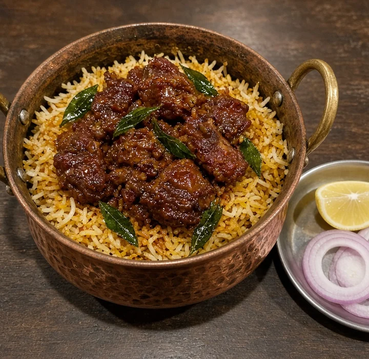 Mutton ghee roast biryani with curry leaves in a copper pot, with lemon and onion at Bawarchi in Mississauga