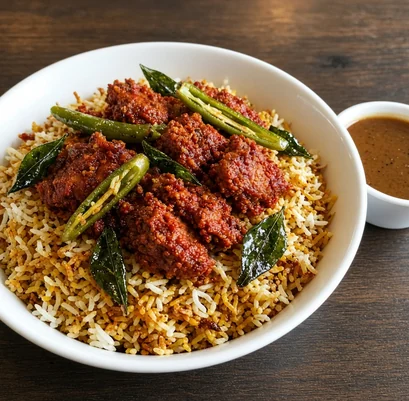 Chicken Vijayawada biryani (boneless) with red chilli chicken, curry leaves and green chillies at Bawarchi in Mississauga