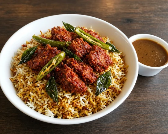 Chicken Vijayawada biryani (boneless) with red chilli chicken, curry leaves and green chillies at Bawarchi in Mississauga