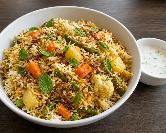 Veg dum biryani with carrots, beans, peas, potato and cauliflower at Bawarchi in Mississauga
